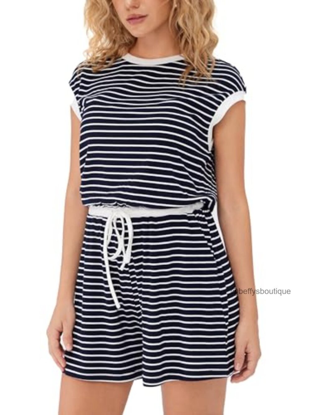 Striped Short Sleeve Romper with Drawstring Waist and Pockets